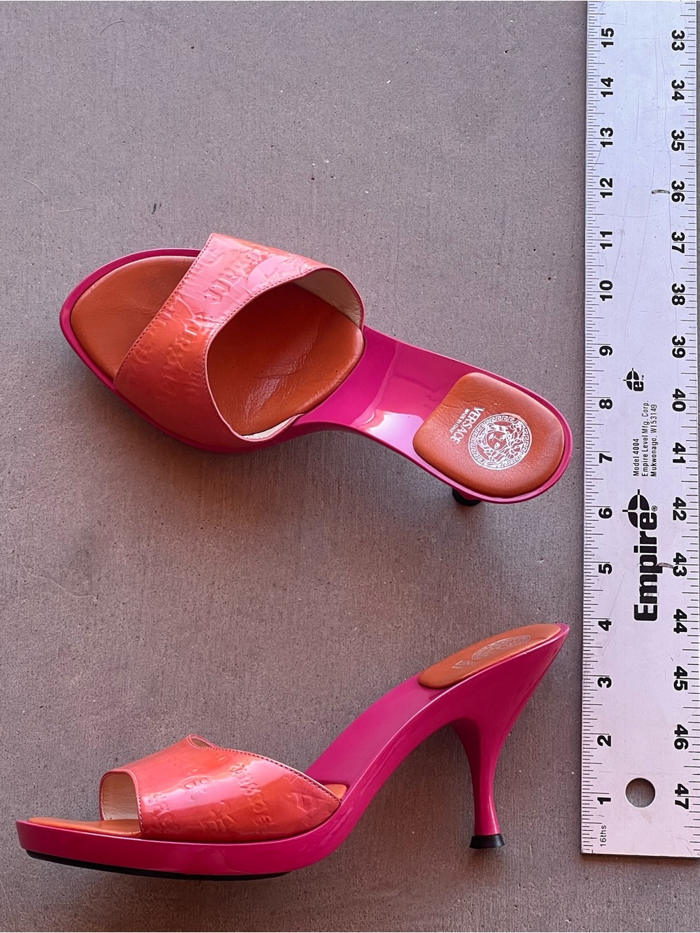 Vintage Versace Medusa Platform Mule Heels Pink Coral Orange Leather Size 39 Y2K - Picture 10 of 12